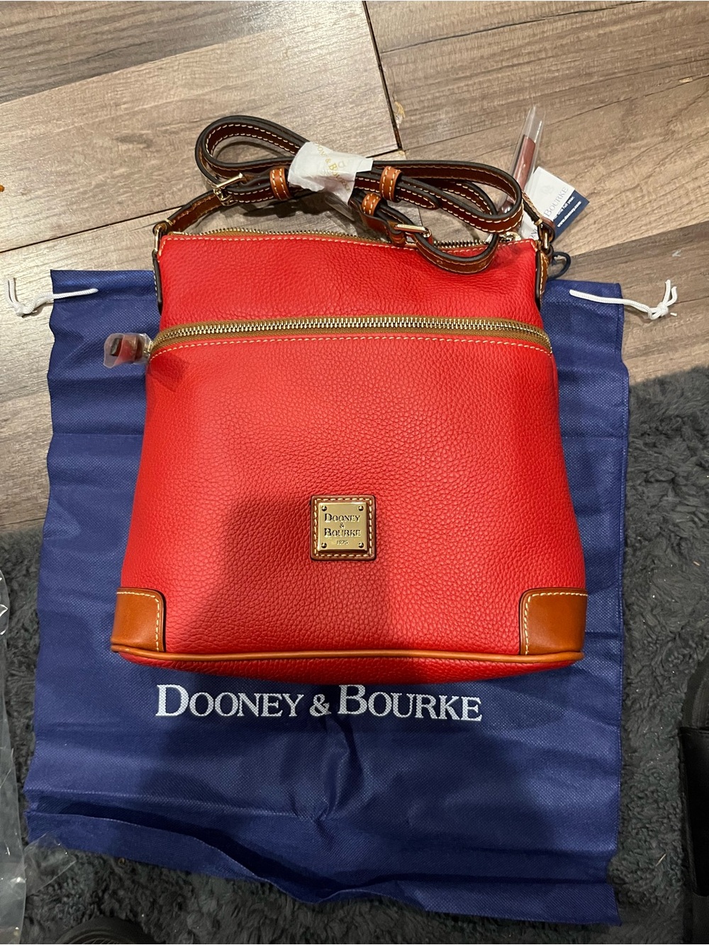 Dooney & Bourke Red Pebbled Leather Crossbody with Tan Trim